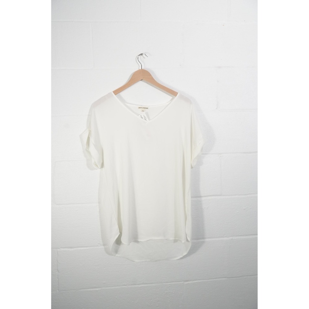 Zenana Outfitters Blouse Women Large White V-Neck Short Sleeve‎ Rolled Cuff Top
